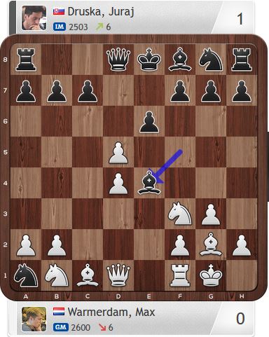 Hier nimmt Weiß erst auf e6, spielt dann Sc3, und die Lage ist unklar. Warmedam vertat sich, zog sofort Sc3 - und stand schon fast auf Verlust.